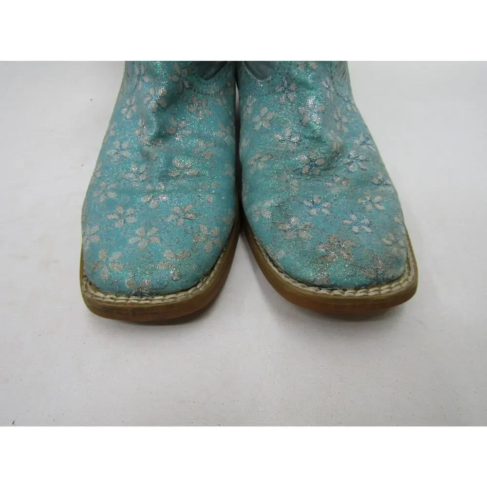 Roper Brand Little Kid Youth Sz 3 Metallic Turquoise Floral Glitter Cowboy Boot